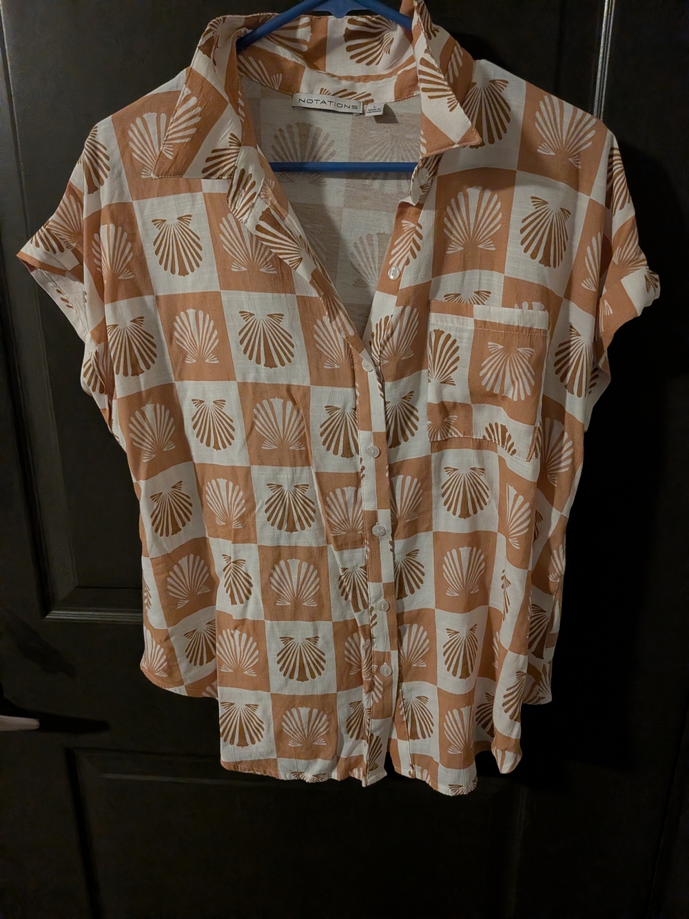 Notations Short Sleeve Button-Up Shell Print Top